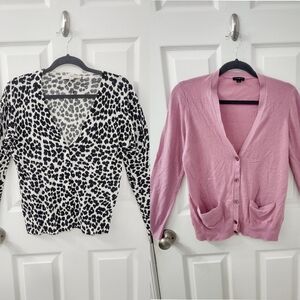 Ann Taylor Loft Leopard Print Pink V Neck Button Down Cardigan 2-pack Size M